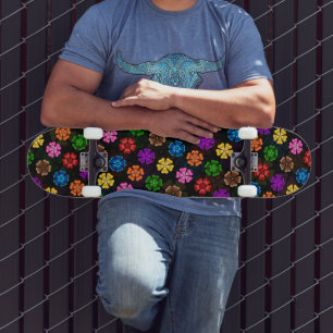 Colorful Retro Rainbow Flowers Design Black Skateboard