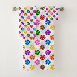 Colorful Retro Rainbow Flowers Design White Bath Towel Set