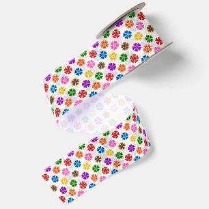 Colorful Retro Rainbow Flowers Design White Satin Ribbon