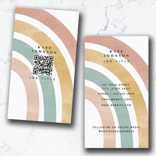 Colorful Retro Rainbow QR Code Social Media  Business Card