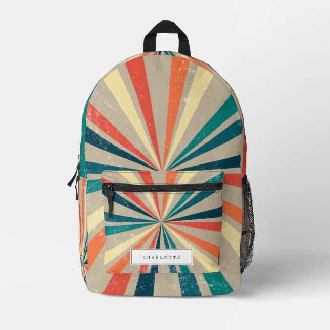 Colorful Retro Rainbow Sunburst Custom Name Printed Backpack (Front)