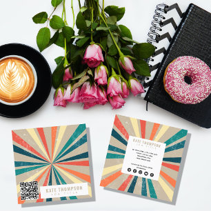 Colorful Retro Rainbow Sunburst QR Code Square Business Card