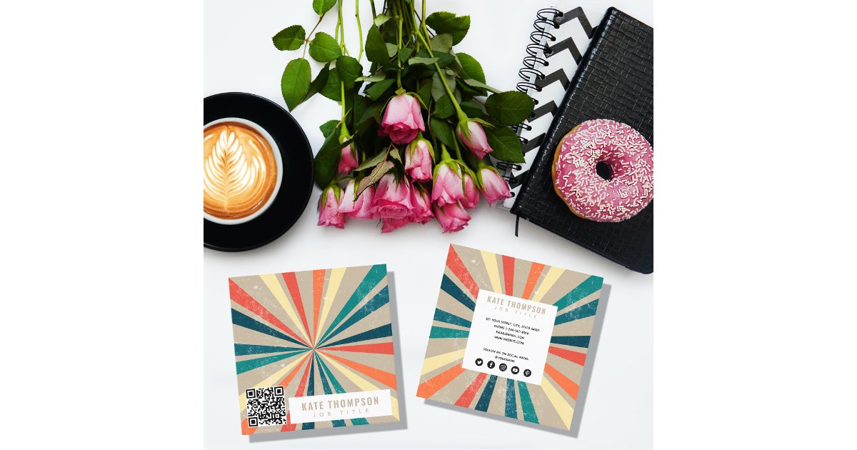 Colorful Retro Rainbow Sunburst QR Code Square Business Card | Zazzle