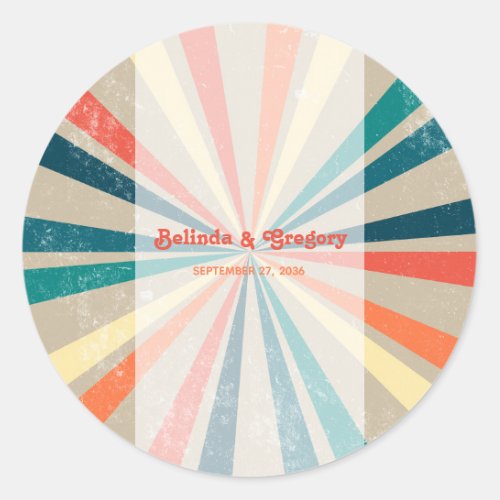 Colorful Retro Rainbow Sunburst Wedding Classic Round Sticker