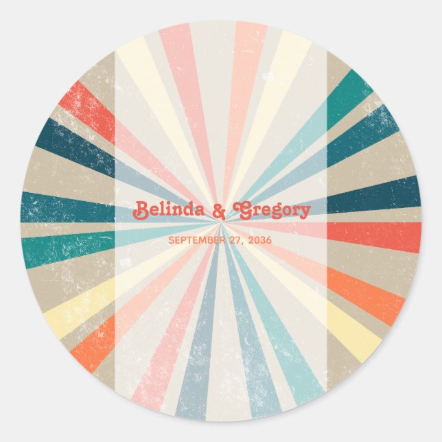 Colorful Retro Rainbow Sunburst Wedding Classic Round Sticker (Front)