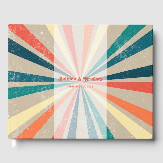 Colorful Retro Rainbow Sunburst Wedding Guest Book (Front)