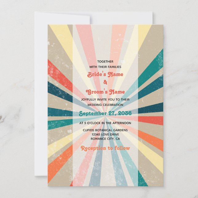 Colorful Retro Rainbow Sunburst Wedding Invitation (Front)