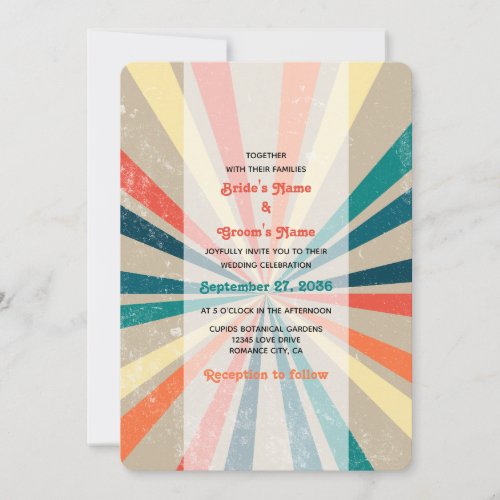 Colorful Retro Rainbow Sunburst Wedding Invitation