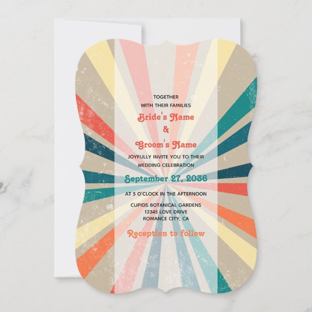 Colorful Retro Rainbow Sunburst Wedding Invitation (Front)