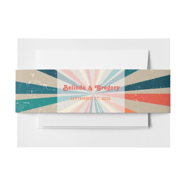 Colorful Retro Rainbow Sunburst Wedding Invitation Belly Band (Front Example)