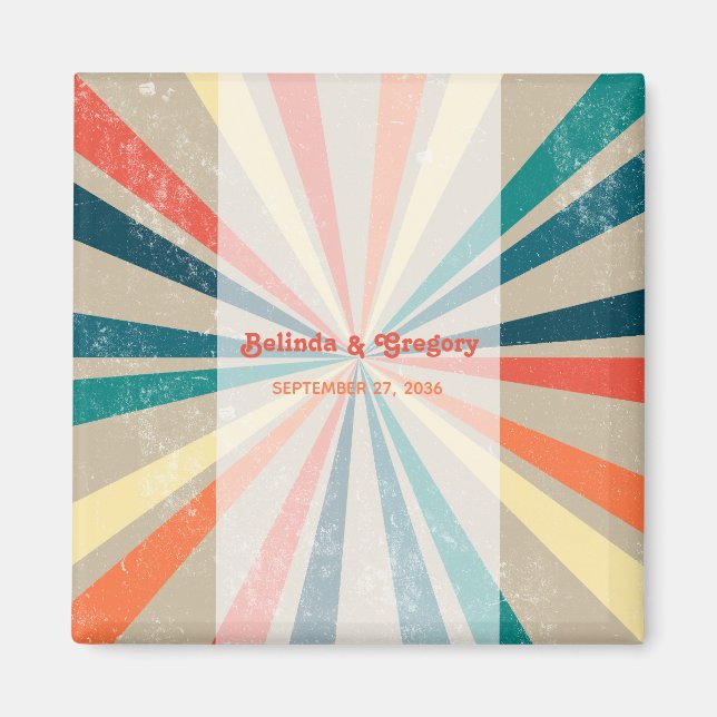 Colorful Retro Rainbow Sunburst Wedding Magnet (Front)