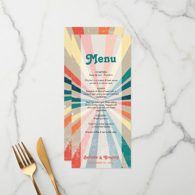 Colorful Retro Rainbow Sunburst Wedding Menu (Front/Back In Situ)