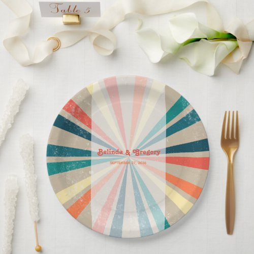 Colorful Retro Rainbow Sunburst Wedding Paper Plates