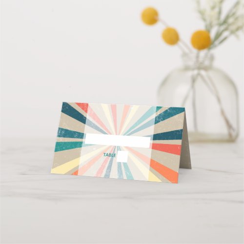 Colorful Retro Rainbow Sunburst Wedding Place Card