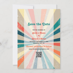 Colorful Retro Rainbow Sunburst Wedding QR Code Save The Date