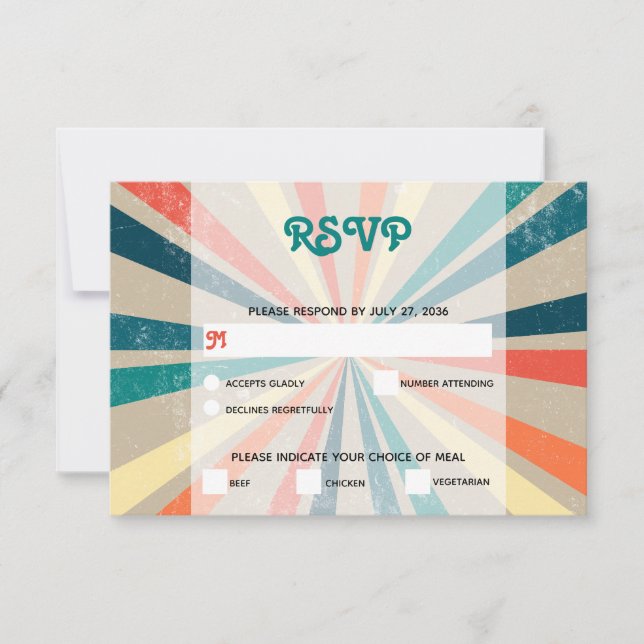 Colorful Retro Rainbow Sunburst Wedding RSVP Card (Front)