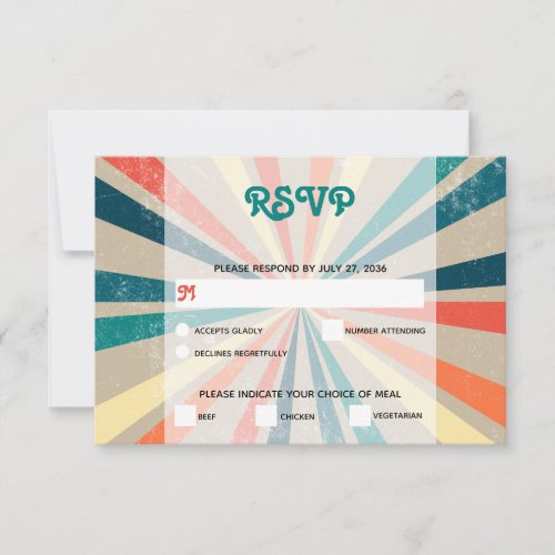 Colorful Retro Rainbow Sunburst Wedding RSVP Card