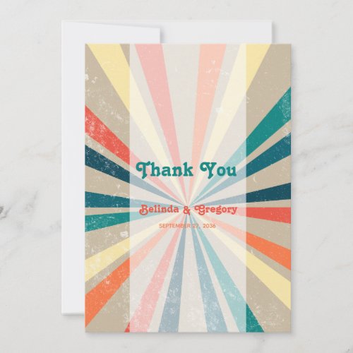 Colorful Retro Rainbow Sunburst Wedding Thank You Card