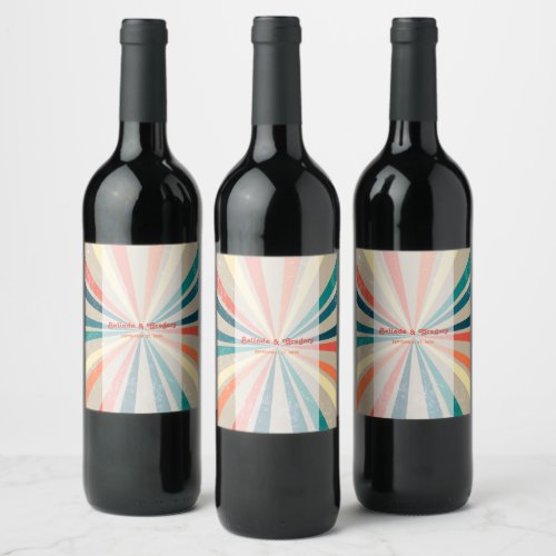 Colorful Retro Rainbow Sunburst Wedding Wine Label
