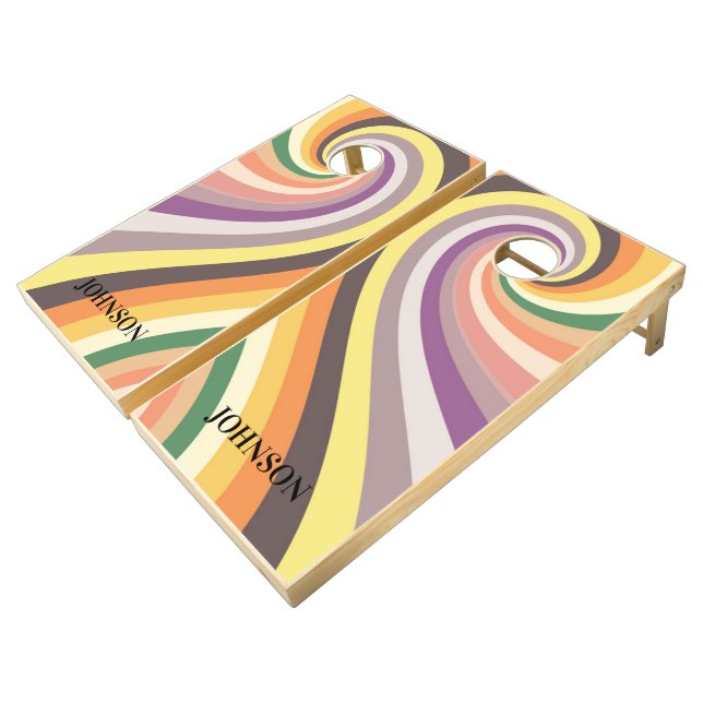 Colorful Retro Rainbow Swirl Cornhole Set (Angled)