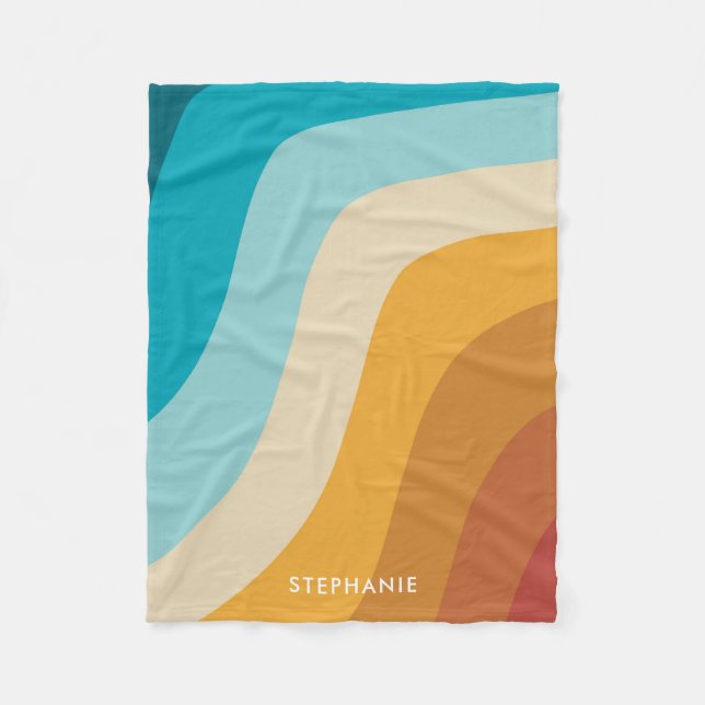 Colorful Retro Rainbow Waves Personalized Fleece Blanket (Front)