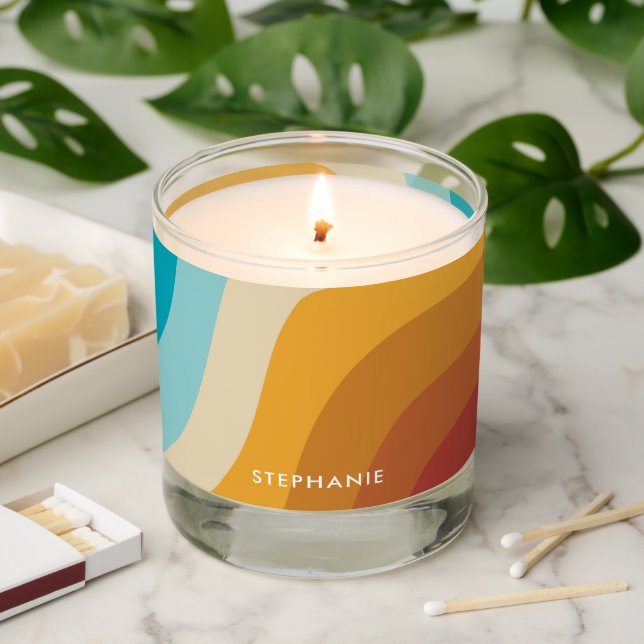Colorful Retro Rainbow Waves Personalized   Scented Candle (Lit)