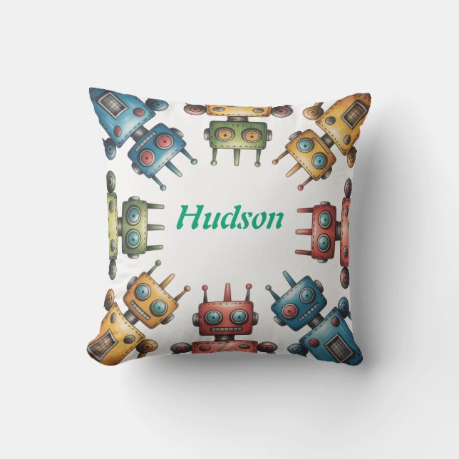 Colorful Retro Robots Boy Birthday Party Gift Throw Pillow (Front)