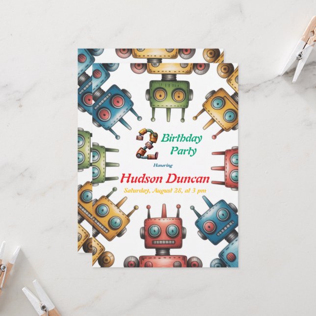 Colorful Retro Robots Boy Birthday Party Invitation (Front/Back In Situ)