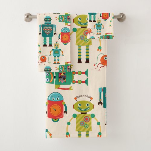Colorful Retro Robots Pattern Bath Towel Set