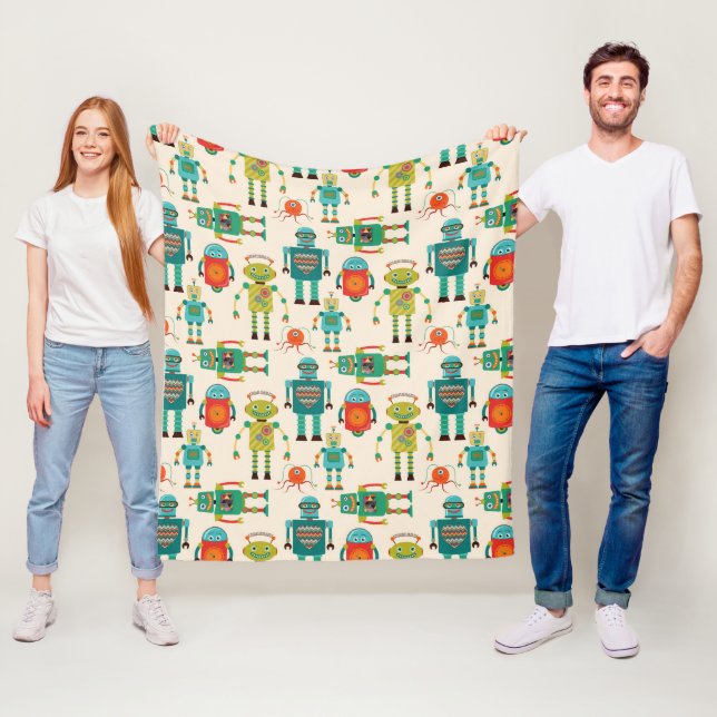 Colorful Retro Robots Pattern Fleece Blanket (In Situ)
