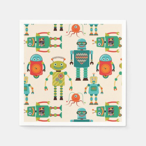 Colorful Retro Robots Pattern Napkins