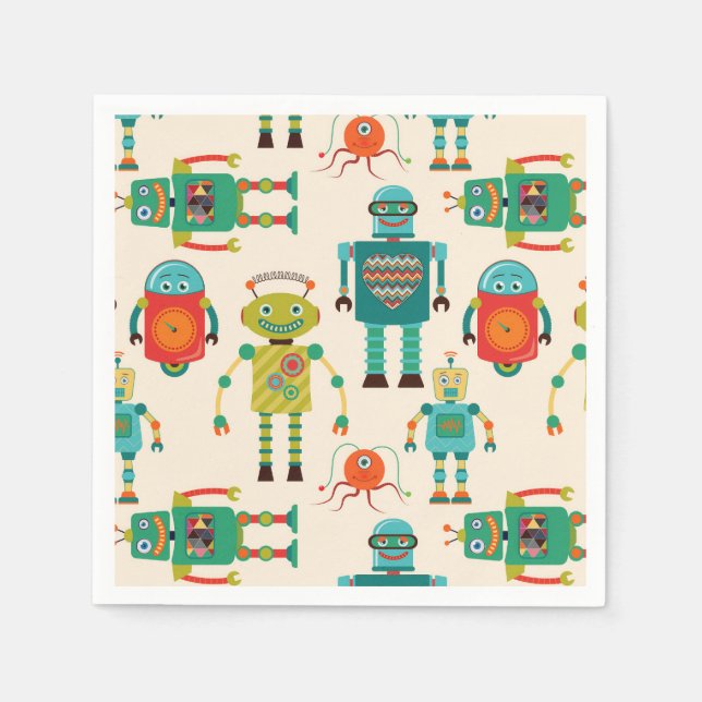 Colorful Retro Robots Pattern Napkins (Front)