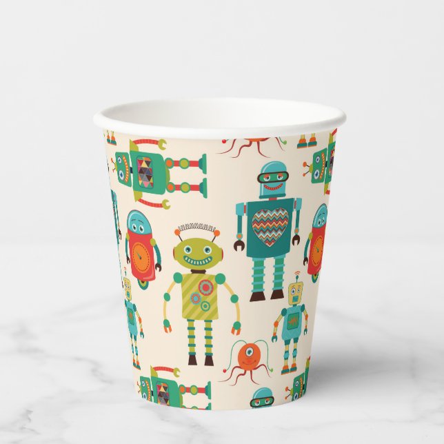Colorful Retro Robots Pattern Paper Cups (Front)