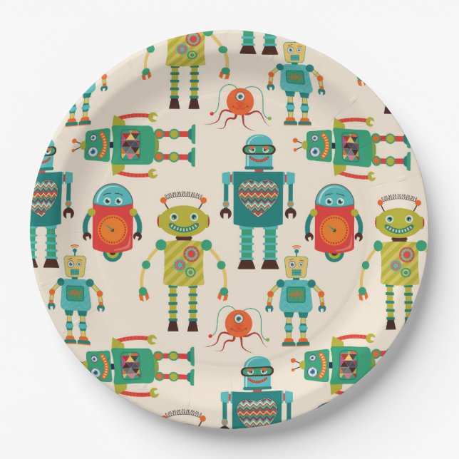 Colorful Retro Robots Pattern Paper Plates (Front)