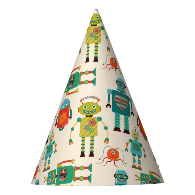 Colorful Retro Robots Pattern Party Hat (Front)