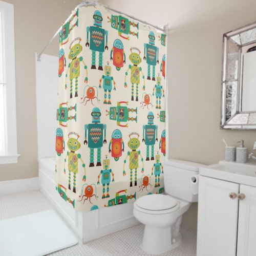 Colorful Retro Robots Pattern Shower Curtain
