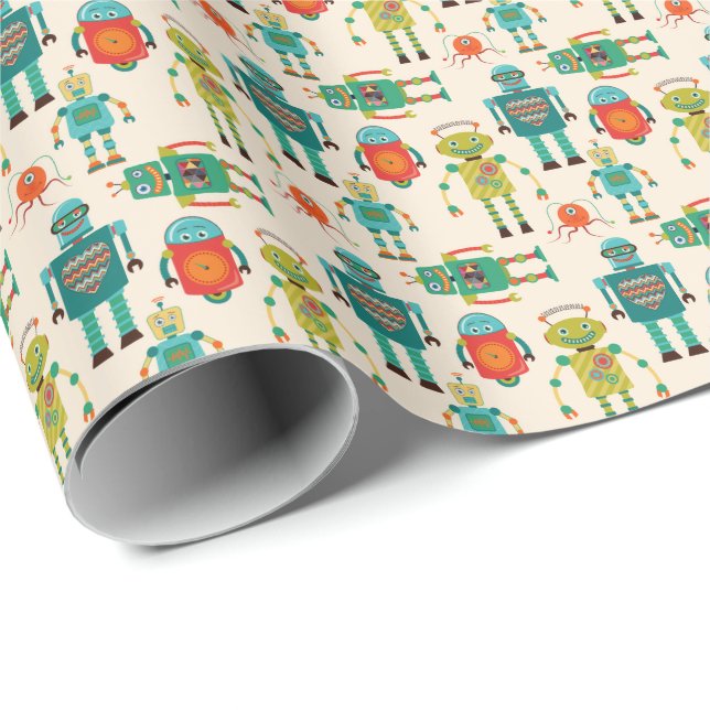 Colorful Retro Robots Pattern Wrapping Paper (Roll Corner)