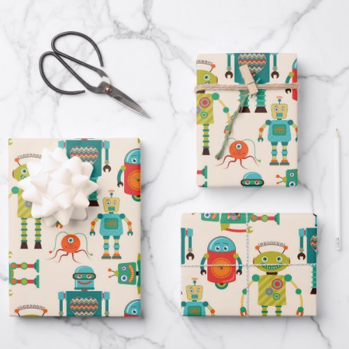 Colorful Retro Robots Pattern Wrapping Paper Sheets