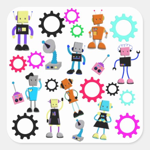 Colorful Retro Robots Square Sticker