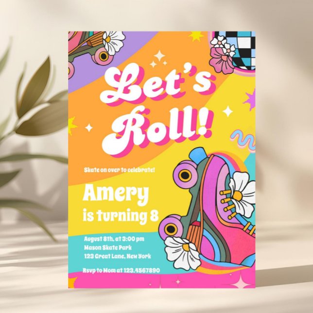 Colorful Retro Roller Skate Birthday Invitation (roller skate birthday invite, retro birthday invitation, skate party invite, lets roll invitation, d)
