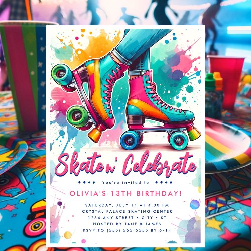 Colorful Retro Roller Skate Birthday Invitation