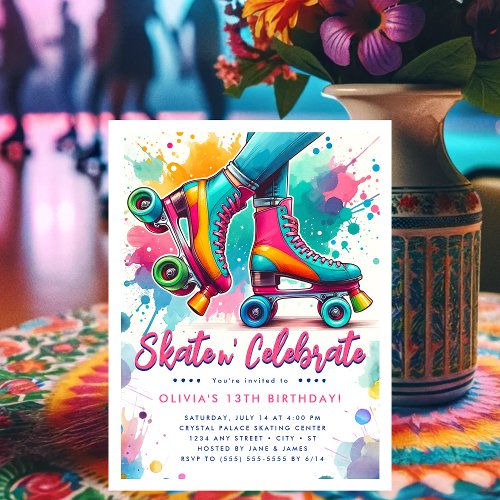 Colorful Retro Roller Skate Birthday Postcard