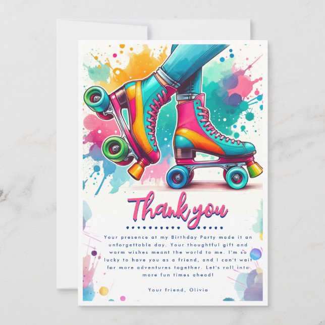 Colorful Retro Roller Skate Birthday Thank You Card (Front)