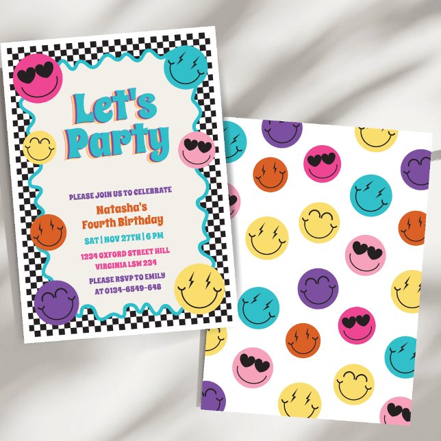 Colorful Retro Smiles Emoji Checker Kids Birthday Invitation (Creator Uploaded)