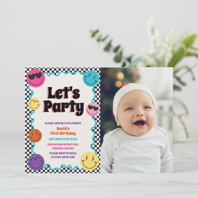 Colorful Retro Smiles Emoji Checker Photo Birthday Invitation (Standing Front)