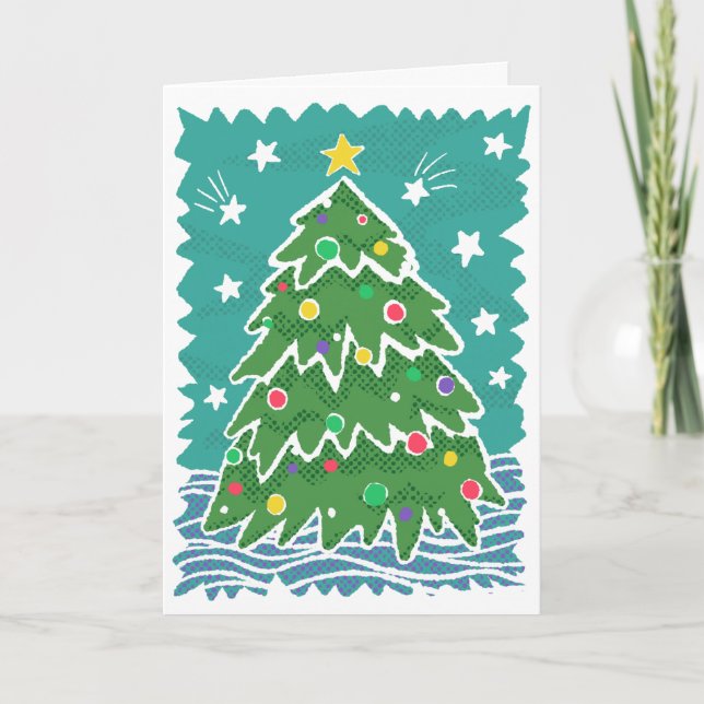 Colorful Retro Stamp Style Christmas Tree Card (Front)
