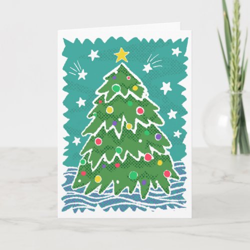 Colorful Retro Stamp Style Christmas Tree Card