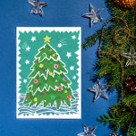 Colorful Retro Stamp Style Christmas Tree Holiday Card<br><div class="desc">Stand out from the holiday card stack with this cheerfully illustrated Christmas card featuring a pine tree decorated with ornaments and surrounded with snow and a starry night sky and has a charming retro flair and easy to personalize text and a photo on the back side.</div>