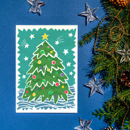 Colorful Retro Stamp Style Christmas Tree Holiday Card