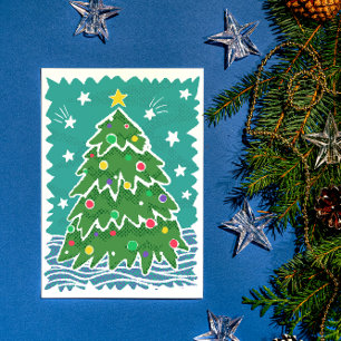 Colorful Retro Stamp Style Christmas Tree Holiday Card
